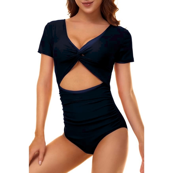 NWT Peddney Women M One Piece Ruched Tummy Control Cutout  Bathing Suit … - Picture 3 of 6